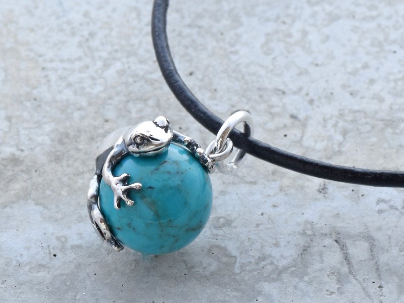 Frog ball pendant with turquoise leather strap necklace
