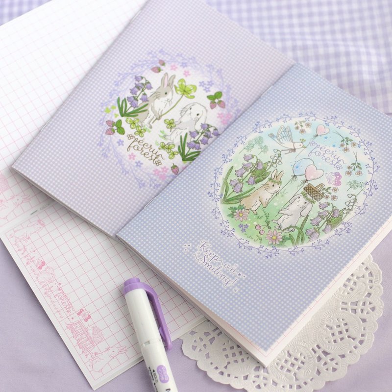 Set of two mini grid notebooks, paperback, A6 size, balloon rabbit, flower festival series, four-leaf clover, grid notebook, matching planner, rabbit, lop-eared rabbit, small bird, squirrel - Notebooks & Journals - Paper Purple