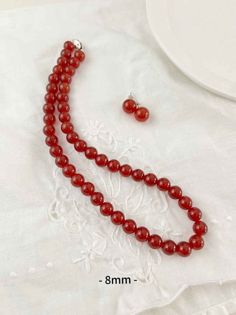 ins minimalist 8mm red agate S925 Silver necklace - Necklaces - Silver Red