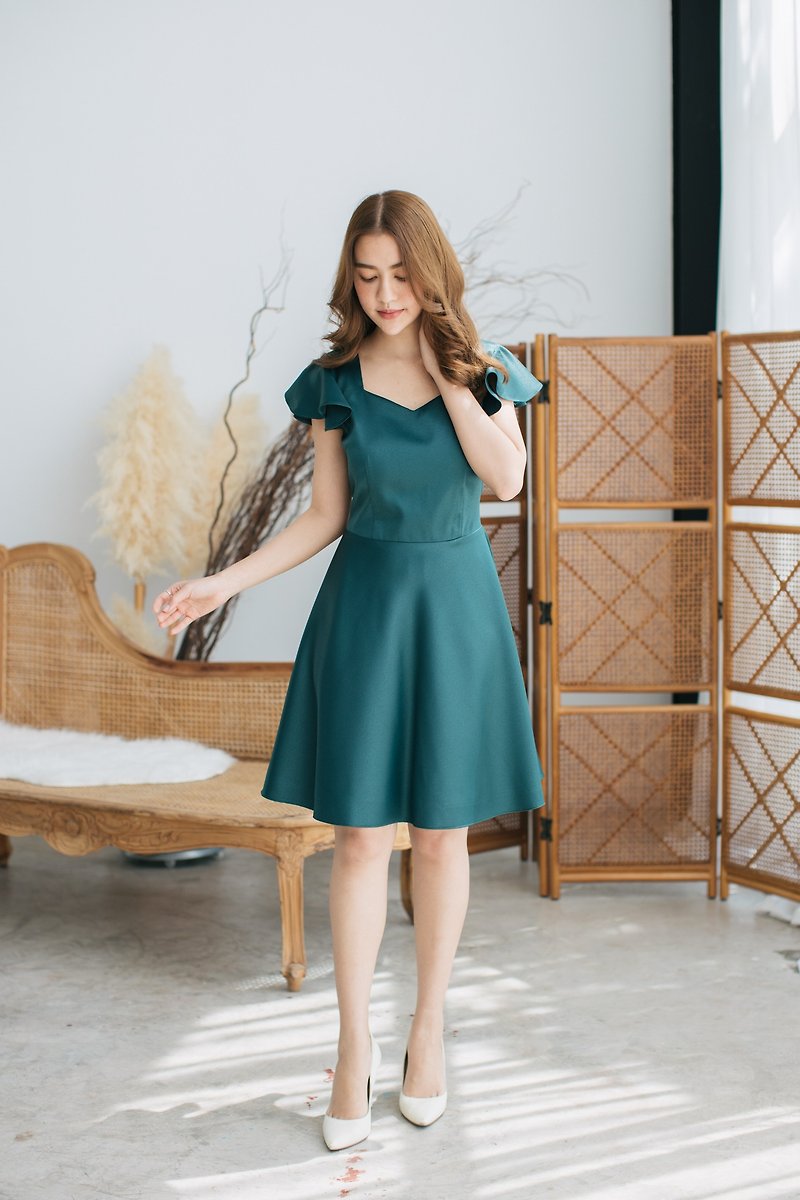 Polyester One Piece Dresses Green - Green Evening Dress Ruffle Sleeve Dress Green Dress Green Party Dress Vintage