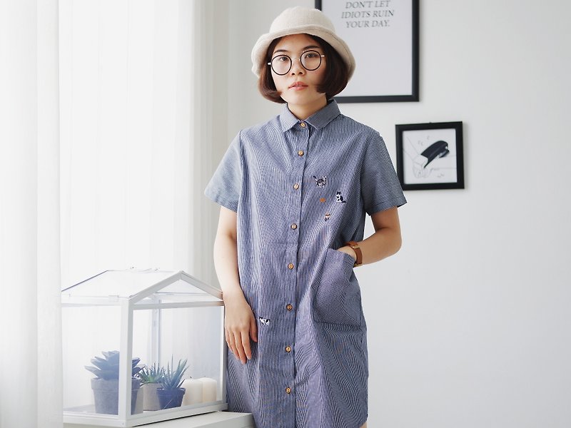 Shirt Dress (Cat Person) : Striped Navy - 連身裙 - 繡線 藍色