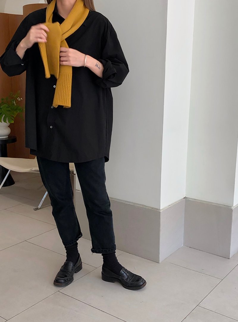 高級羊絨紗線 百搭小圍巾 薑黃色/黑色 I Merino Wool Logo Scarf - 圍巾/披肩 - 羊毛 黑色