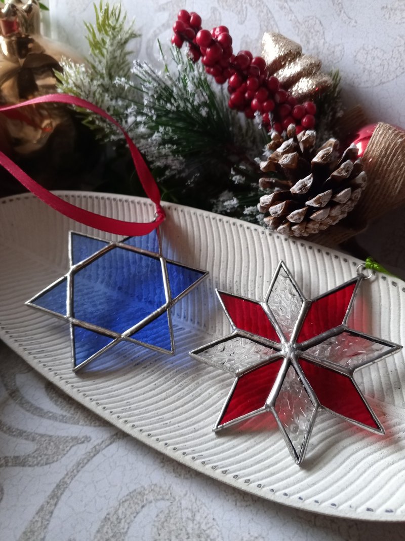 Set of 2 snowflake suncatchers, christmas ornaments merkaba simple stained glass - 其他 - 玻璃 多色