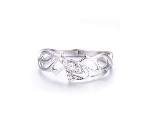 Majade Jewelry Design 鑽石14k白金馬眼形訂婚戒指 樹枝造型求婚鑽戒 荊棘匕首結婚戒指