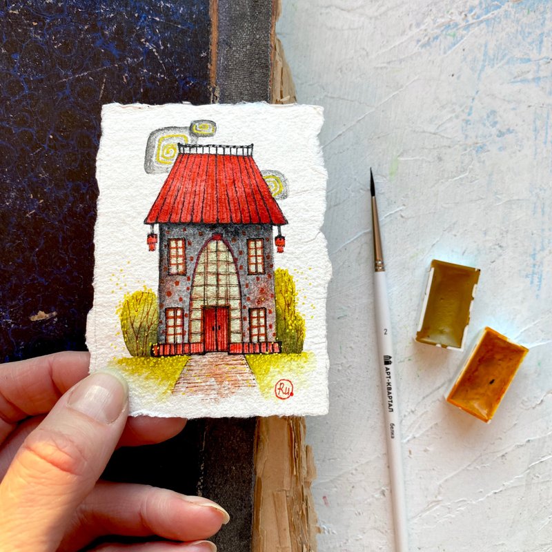 Chinese house art Miniature Original painting Mini artwork by Rubinova - 海報/掛畫/掛布 - 紙 紅色