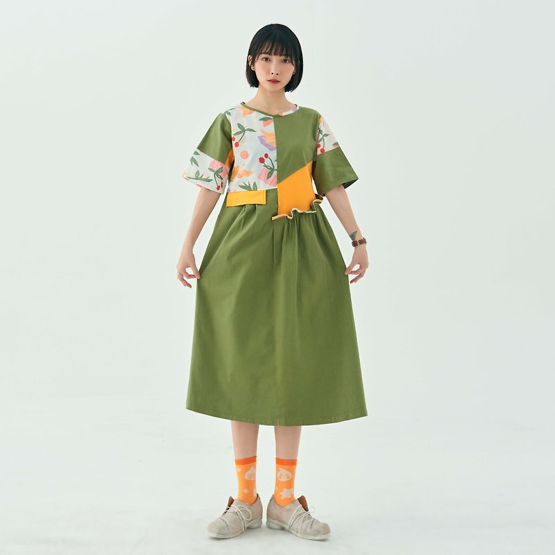 PRINTED DRESS | YELLOW GREEN | MULTICOLOR | COTTON | SHORT SLEEVE | POCKET |LACE - One Piece Dresses - Cotton & Hemp Multicolor