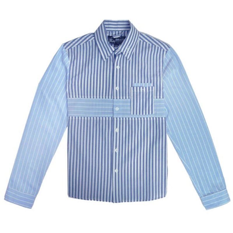 Stripes chest hit the color shirt - blue - Men's Shirts - Cotton & Hemp Blue