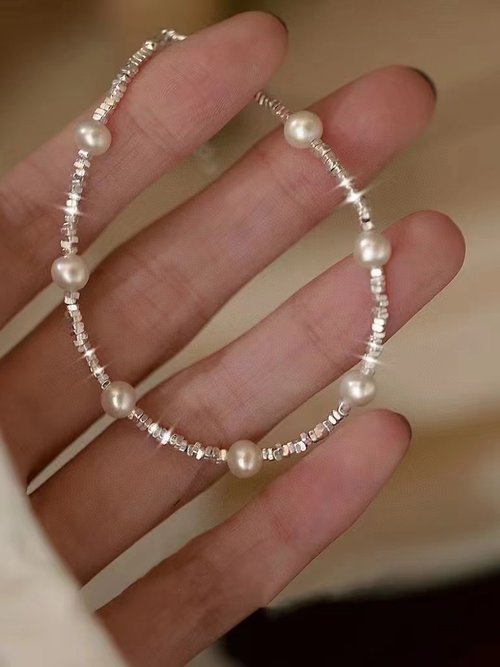 Angel's tears 天使之淚 Jewelry Design 天然原色淡水巴洛克珍珠 純銀碎銀子滿天星星設計單圈手鍊s