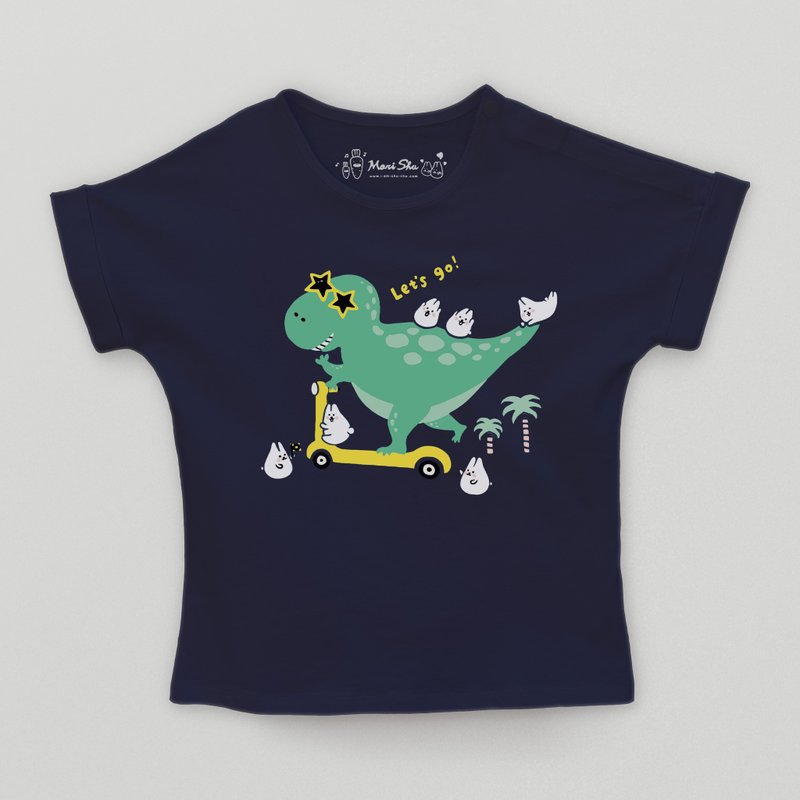 Kid-Mochi Rabbit Flying Tyrannosaurus Skateboarding Kids T-shirt (Navy Blue) - Tops & T-Shirts - Cotton & Hemp Blue