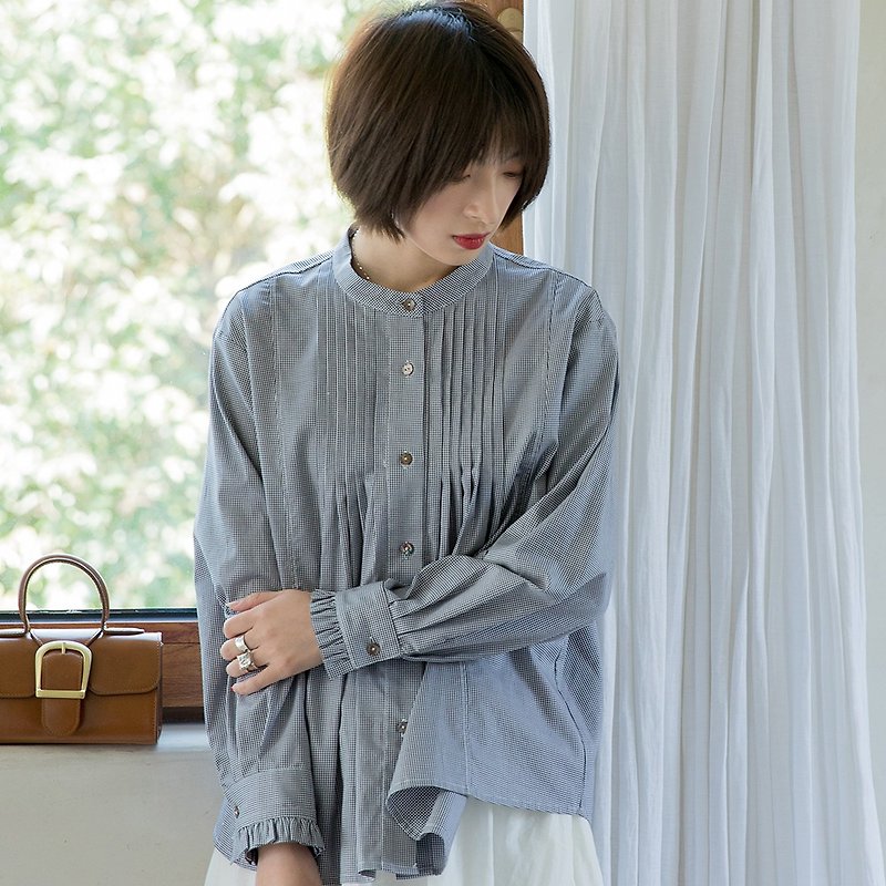 日本のシンプルな千鳥格子スモールスタンドカラーシャツ|シャツ|春のスタイル|コットン|ソラ-451 - シャツ・ブラウス - コットン・麻 