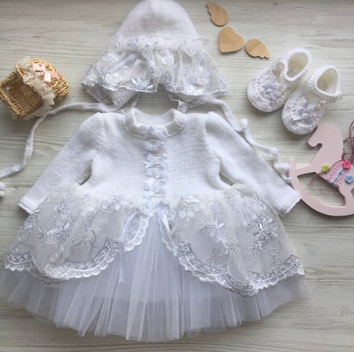 V.I.Angel Hand knit white dress with silver lace, hat and booties for baby girl.