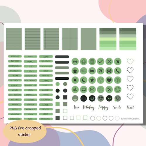 meverything Green Digital pre-cropped digital sticker for planner instant download