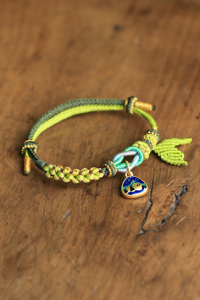 Spring and Autumn Handmade Kumihimo| Green Mo Xiangli Auspicious Bracelet Enamel Color Sand Gold Panda - Bracelets - Cotton & Hemp 