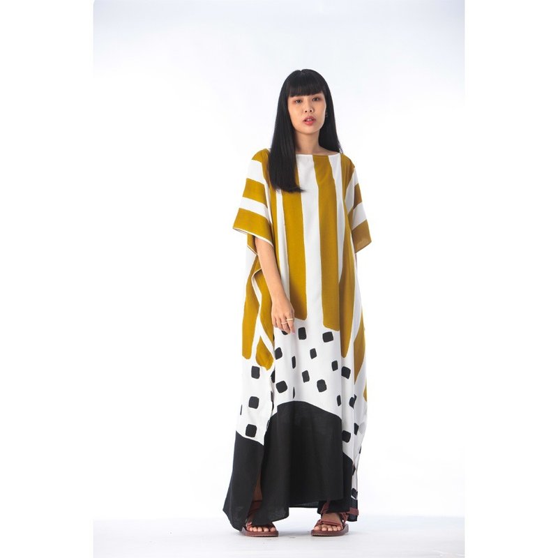 Hand Painted Cotton Silk Kaftan for Summer Resort Vacation Free Size - ชุดเดรส - ผ้าฝ้าย/ผ้าลินิน สีเขียว