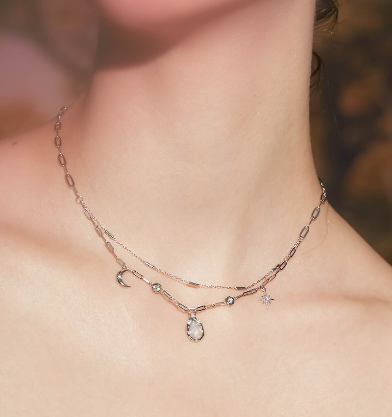 Moonstone Silver Layered Necklace- New Moon wishes - สร้อยคอ - เงินแท้ สีเงิน