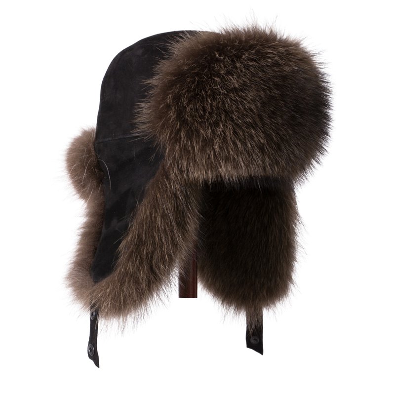 Ushanka Fur Hat Raccoon Fur Hat Real Fur Hat Color Reddish-brown (Black suede) - 帽子 - 羊毛 咖啡色