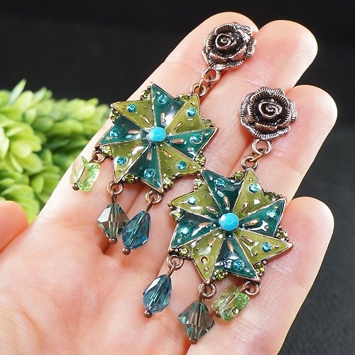AGATIX Teal Turquoise Green Swarovski Crystal Enamel Large Long Drop Earrings Jewelry