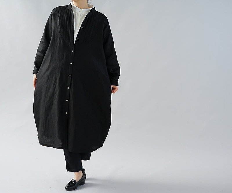wafu - 純亞麻洋裝 Midweight Linen Cocoon Dress / Black a081k-bck2 - ชุดเดรส - ลินิน สีดำ