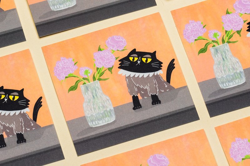 New Year's card peony flower and cat postcard - การ์ด/โปสการ์ด - กระดาษ 