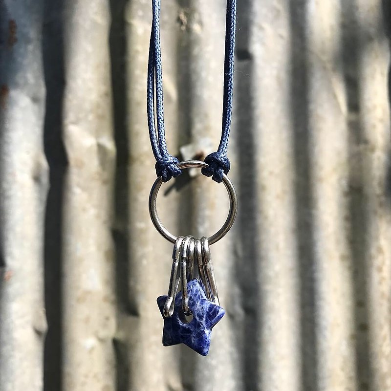 [Lost and find] natural stone square stone star steel key chain necklace - Necklaces - Gemstone Blue