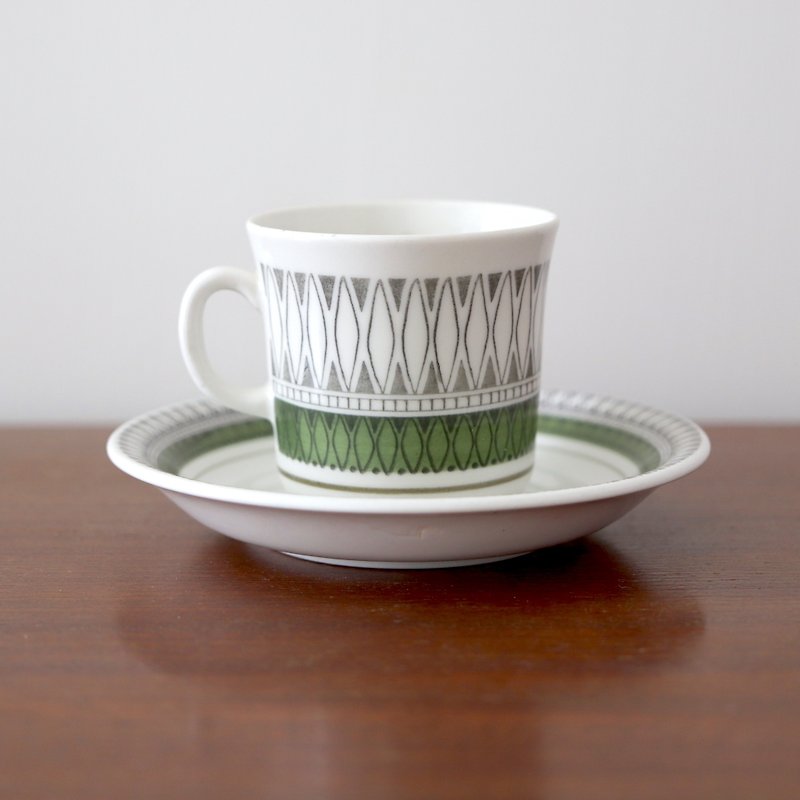 Swedish Gefle Maxico Green Geometric Coffee Cup Plate Set - Mugs - Pottery Green