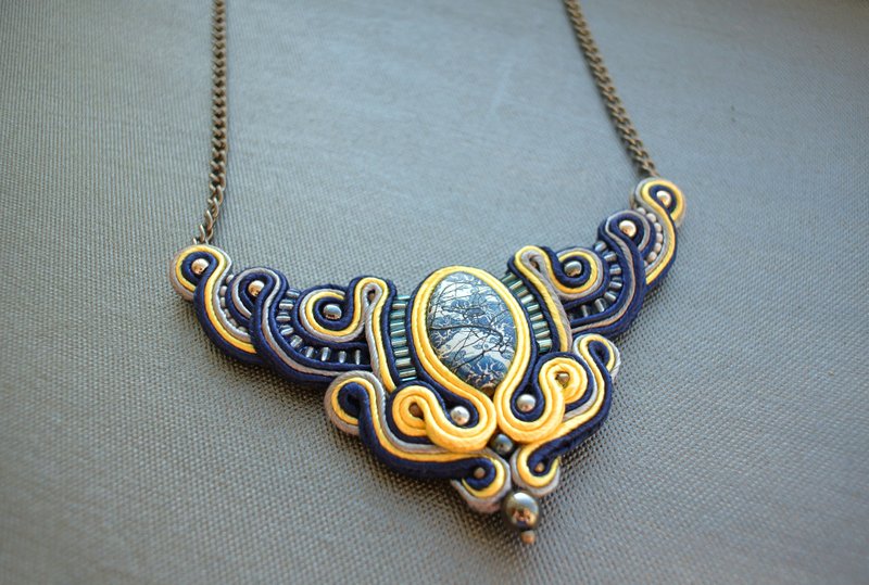 藍色項鍊  Statement necklace, Boho Ethnic necklace, Soutache embroidered necklace - 項鍊 - 其他材質 藍色