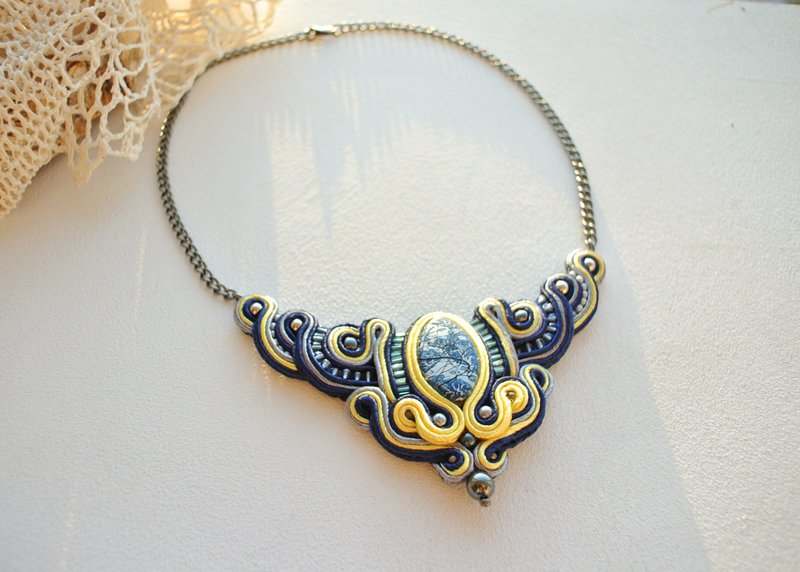 藍色項鍊  Statement necklace, Boho Ethnic necklace, Soutache embroidered necklace - 項鍊 - 其他材質 藍色