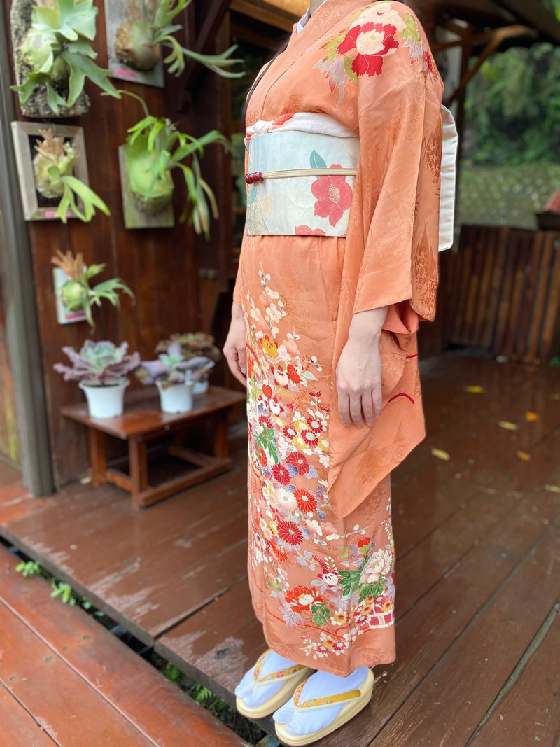 刺繡花籃一紋付訪問著古董和服 - 洋裝/連身裙 - 絲．絹 粉紅色
