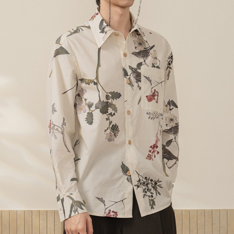 【馥芮白】森系復古 植物印花日曬工藝襯衫/古典長袖襯衣 - 男襯衫/休閒襯衫 - 棉．麻 白色