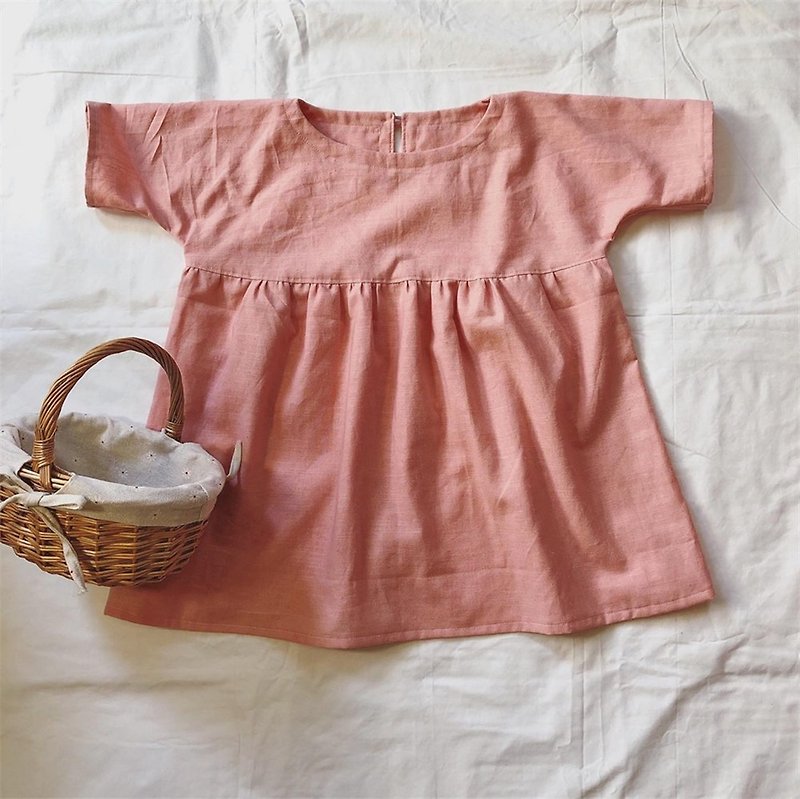 連袖氣質娃娃洋裝(長版)- 豆沙粉 - 童裝禮服 - 棉．麻 粉紅色