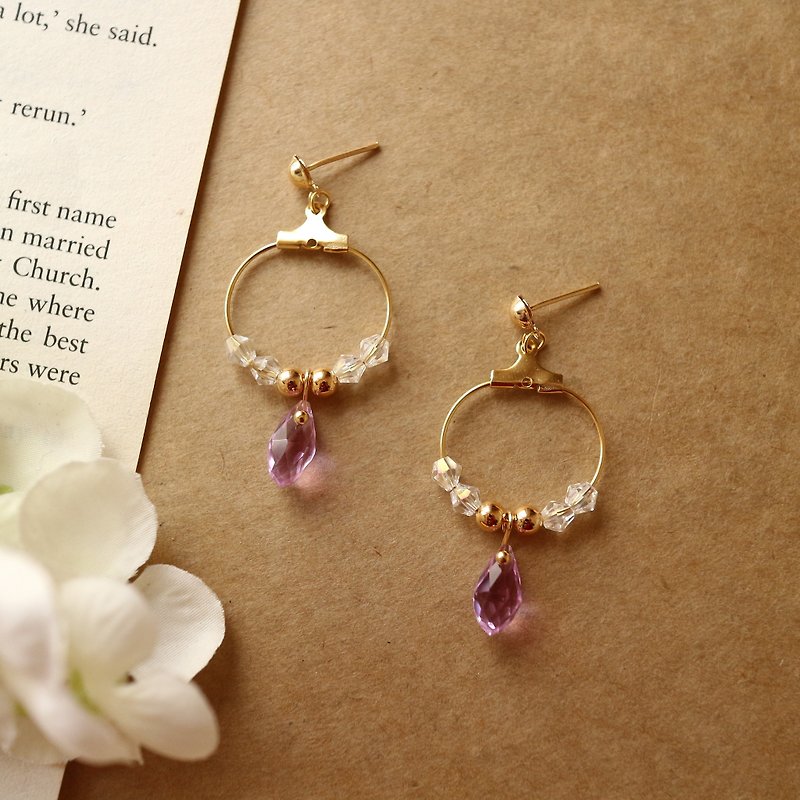 18k gold circle Swarovski crystal natural stone gemstone dangle earrings - Earrings & Clip-ons - Crystal Purple