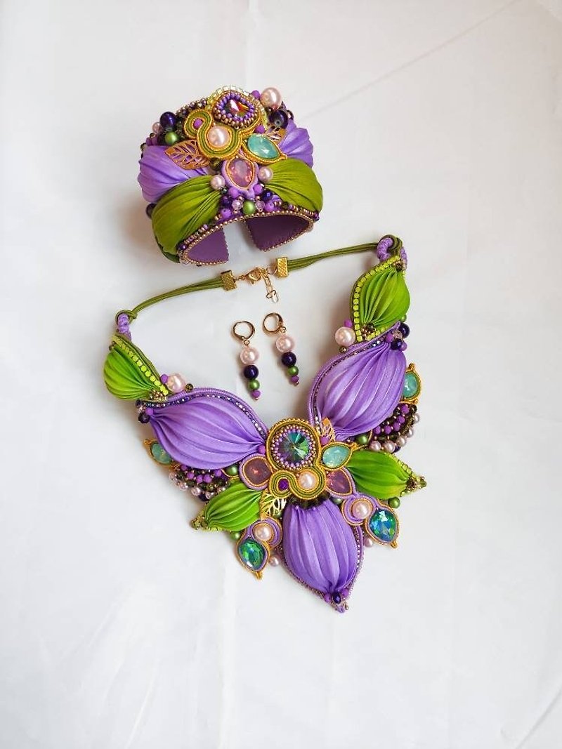 Shibori purple green jewelry set, embroidered soutache necklace and bracelet - 項鍊 - 其他材質 多色