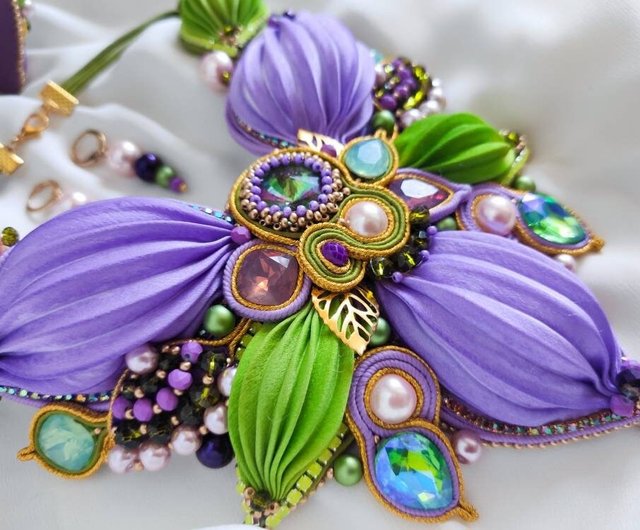 Shibori and soutache purple green bracelet ,embroidery wide purple outlet bracelet