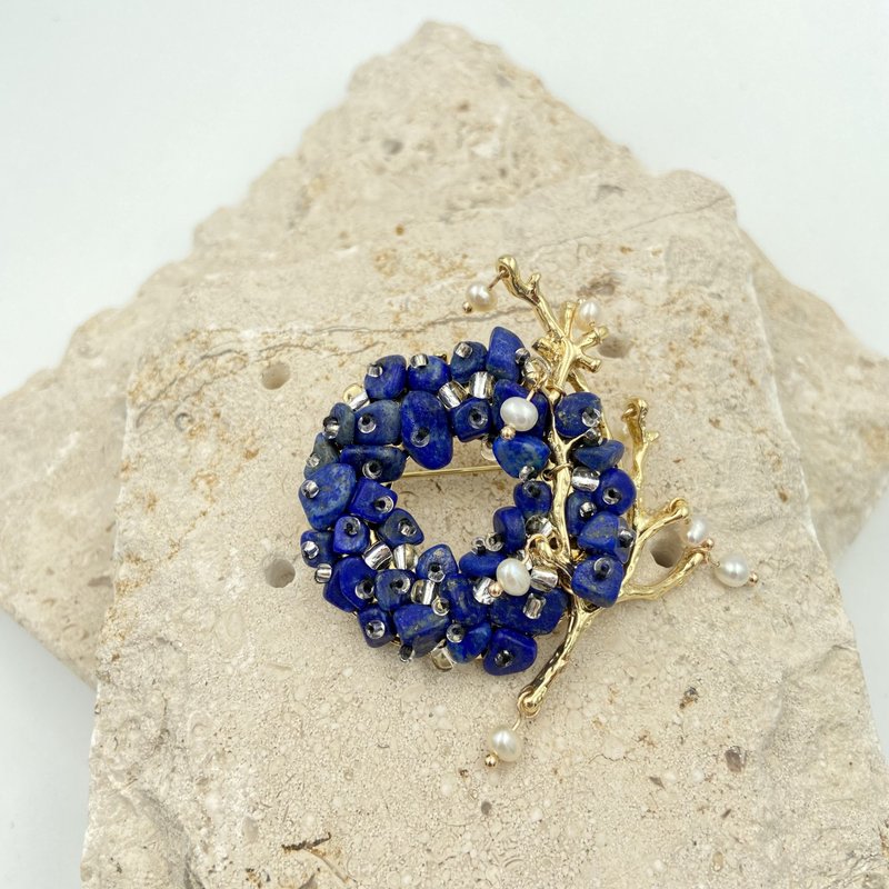 【母親節禮盒】和風天然青金石樹枝胸針 清雅胸針 日本風格胸針 - 胸針 - 半寶石 藍色