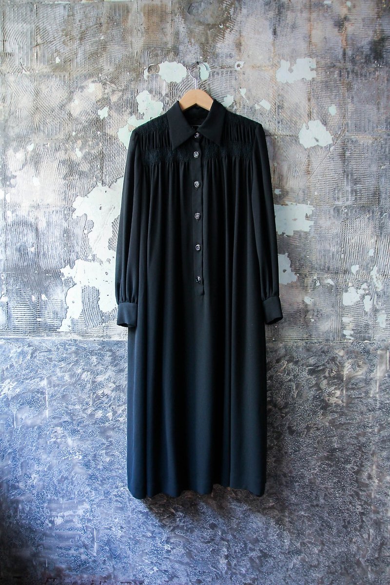 裊裊百貨公司-Vintage 黑色優雅長袖洋裝  復古著 - 連身裙 - 聚酯纖維 