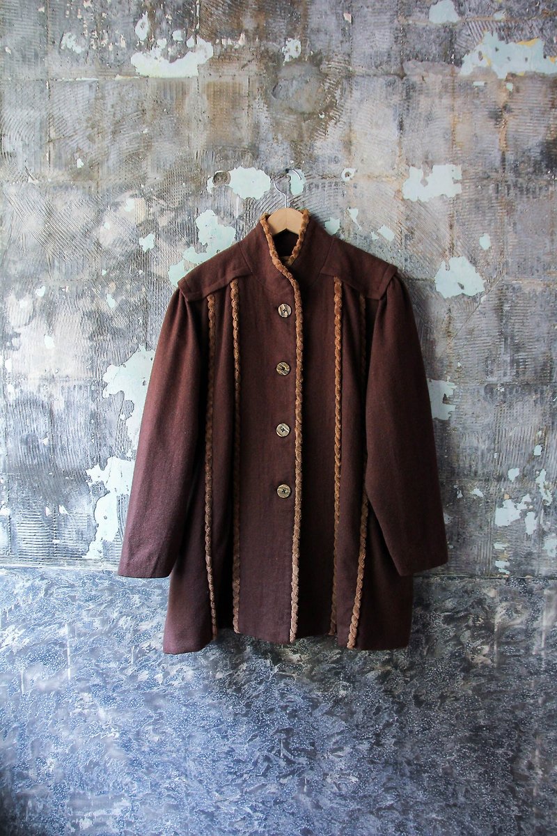 裊裊百貨公司-Vintage 棕色絨毛滾邊毛呢大衣 外套 復古著 - 外套/大衣 - 其他材質 