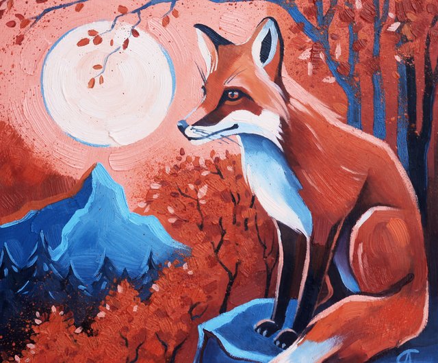 キツネの絵 秋の風景 原画 動物アート - ショップ ARTbyAnnaSt
