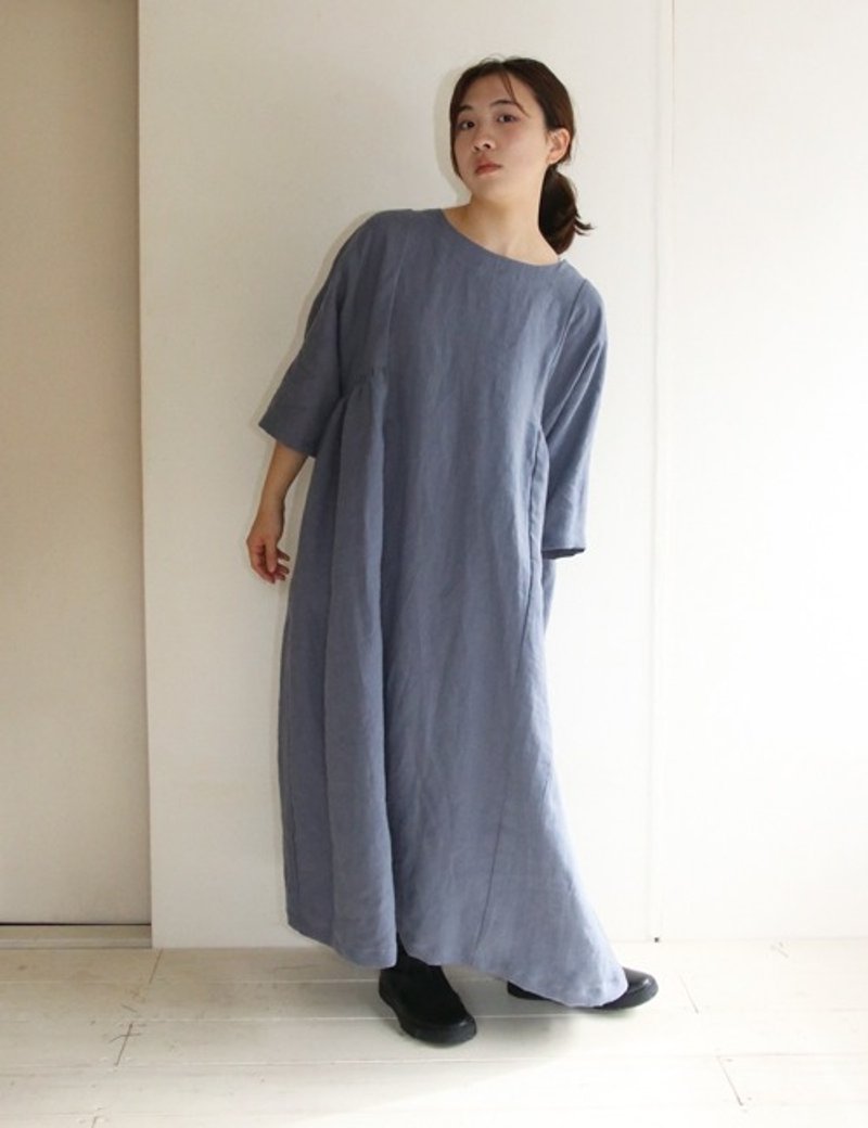 Side gathered dolman sleeve dress (blue gray) - ชุดเดรส - ผ้าฝ้าย/ผ้าลินิน 