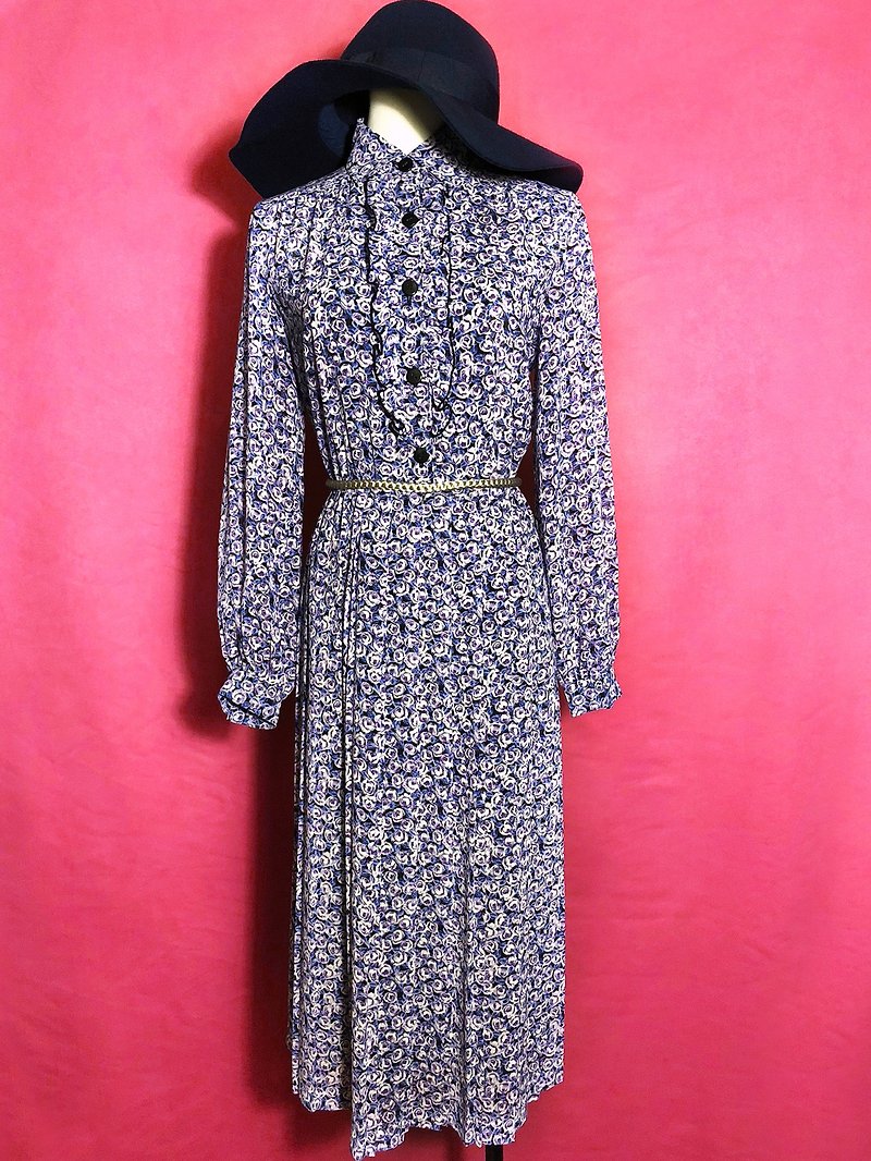 Ruffled flower chiffon long-sleeved vintage dress / brought back to VINTAGE abroad - ชุดเดรส - เส้นใยสังเคราะห์ สีม่วง