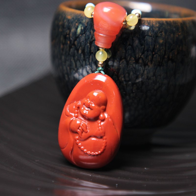 South Red Agate Laughing Buddha Pendant Full of Colored Persimmon Red Ice Floating South Red with Beads Turquoise Bead Chain