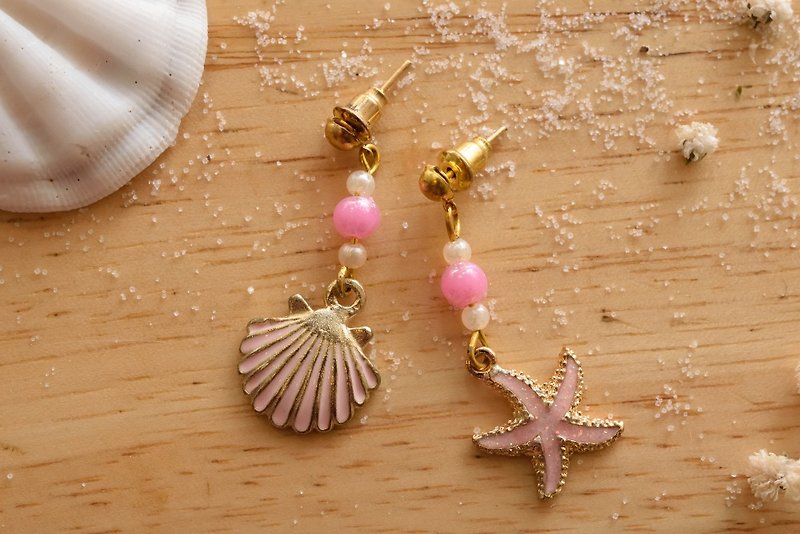 Cute & Beauty Adorable Pink Sea Shell Star Fish Dangle Earrings - 耳環/耳夾 - 其他材質 粉紅色