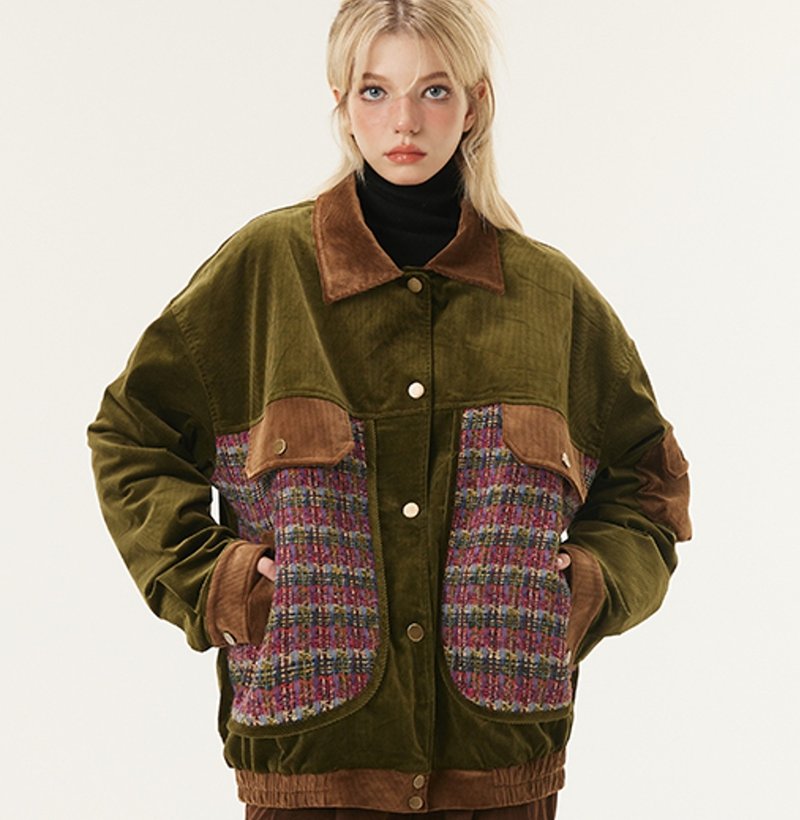 American retro army green corduroy patchwork workwear cotton jacket - เสื้อผู้หญิง - วัสดุอื่นๆ สีเขียว