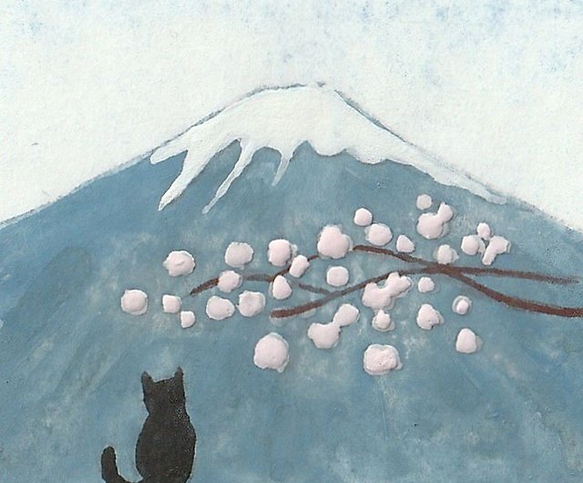 日本画ポスター】富士山と桜と黒猫 絵画 ミニ額付き ミニアートパネル