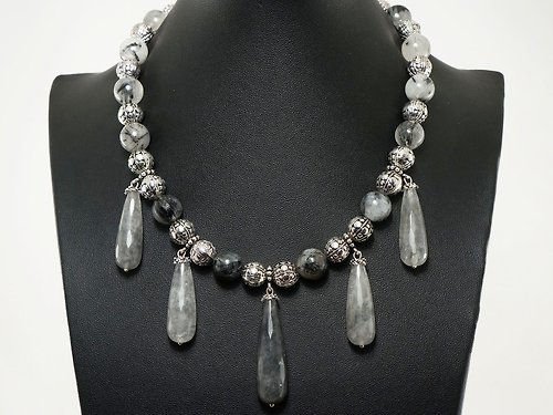 AGATIX Gray Black Anthracite Quartz Beaded Teardrop Charm Necklace Woman Jewelry Gift