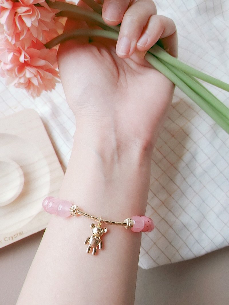(Fast shipping) Corresponding to the Heart Chakra_Pink Persian Agate Bracelet + 14K Gold-filled Bear Pendant Bracelet - สร้อยข้อมือ - เครื่องเพชรพลอย สึชมพู