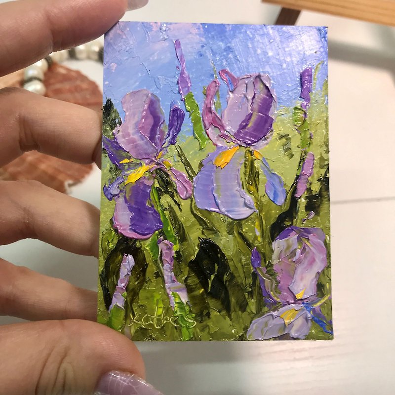 ACEO Iris Flower Painting Original Art Meadow Miniature Landscape Small Painting