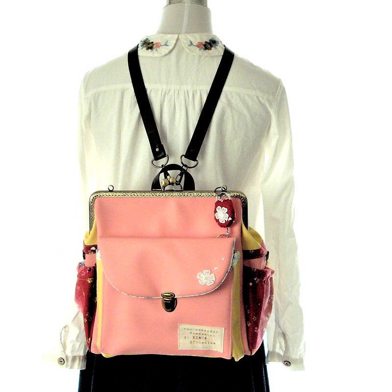 Sakura dance 3 WAY Right side with zipper Round cell Backpack Sakura color - Backpacks - Genuine Leather Pink