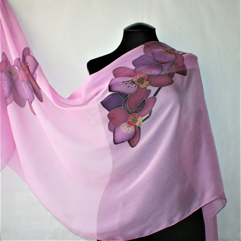 絲巾 Silk scarf hand painted batik Floral long silk scarf Orchid print scarf - 絲巾 - 絲．絹 紫色