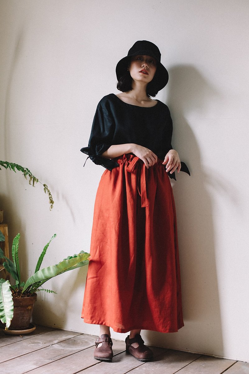 Linen Tie Waist Skirt in Brick - 裙子/長裙 - 棉．麻 紅色