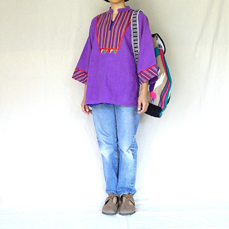BajuTua /古著/ 墨西哥紫色彩虹織布刺繡上衣 - 女上衣/長袖上衣 - 棉．麻 紫色